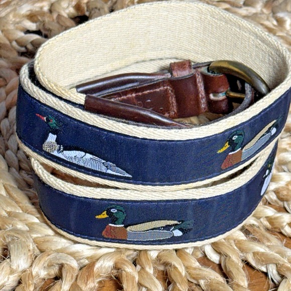 Vintage 90s Duck Ribbon Belt Size 35 Mallard Hunting Preppy Leather Brass Buckle - Picture 2 of 8
